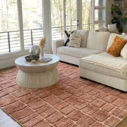 Camel Brown Minimalist Grid Moroccan Rug - Handmade Solid Berber Shag Carpet Large Area Cozy Cinnamon Wool Decor - thumbnail 4