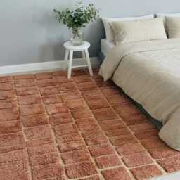 Camel Brown Minimalist Grid Moroccan Rug - Handmade Solid Berber Shag Carpet Large Area Cozy Cinnamon Wool Decor - thumbnail 3