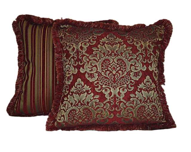 Large Chenille Damask Stripe Red Gold Embroidered Throw Pillows With Fringe For Sofa - image 1