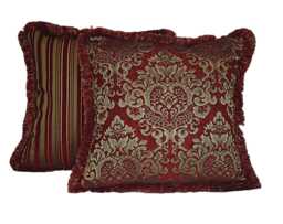 Large Chenille Damask Stripe Red Gold Embroidered Throw Pillows With Fringe For Sofa