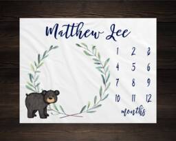 Woodland Milestone Blanket Monthly Growth Tracker Soft Fleece Bear Baby Shower Gift Newborn Watch Me Grow Boy - thumbnail 1