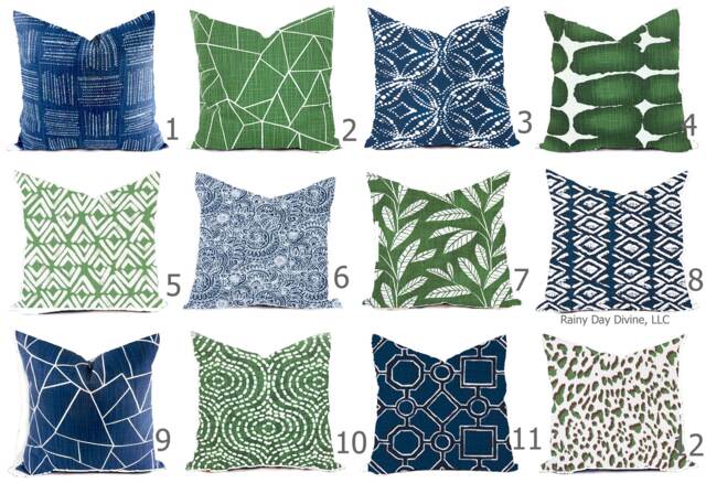 Pillow Covers Custom - Blue Italian Denim Pine Green Kelly White Linen Look Ikat Tribal Modern- All Sizes 16x16 18x18 Throw Accent - image 1