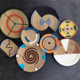 Hand Painted Jute Wall Basket Set, Boho Decor, Tribal Art, African Inspired Gallery, Natural Fiber Hanging, Home Decor - thumbnail 2
