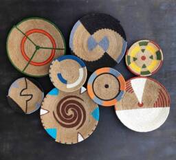 Hand Painted Jute Wall Basket Set, Boho Decor, Tribal Art, African Inspired Gallery, Natural Fiber Hanging, Home Decor - thumbnail 1