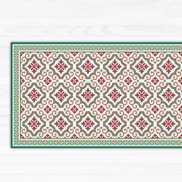 Green & Red Linoleum Rug, Area Printed Mat, With Tiles Decorative Boarder. Kitchen Rug - Art Mat Printed PVC Carpet - image 1