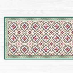 Green & Red Linoleum Rug, Area Printed Mat, With Tiles Decorative Boarder. Kitchen Rug - Art Mat Printed PVC Carpet - thumbnail 1
