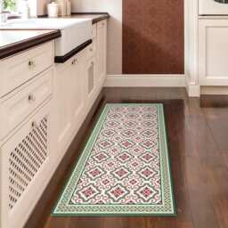 Green & Red Linoleum Rug, Area Printed Mat, With Tiles Decorative Boarder. Kitchen Rug - Art Mat Printed PVC Carpet - thumbnail 2