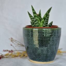 Green Ceramic Planter, Handmade Glazed Beaker, Speckled Plant Pot, 500Ml Blue Vessel, Unique British Gift, Handcrafted Pots - thumbnail 3