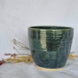 Green Ceramic Planter, Handmade Glazed Beaker, Speckled Plant Pot, 500Ml Blue Vessel, Unique British Gift, Handcrafted Pots - thumbnail 1