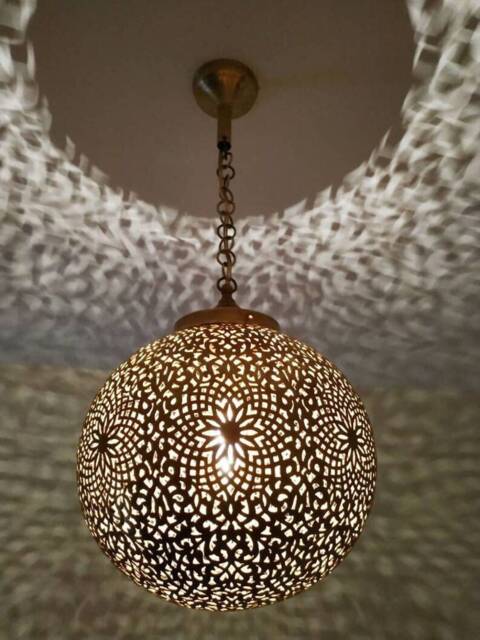 Moroccan Brass Pendant Light, Handcrafted Globe Hanging Lantern Lamp - image 1