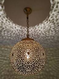 Moroccan Brass Pendant Light, Handcrafted Globe Hanging Lantern Lamp - thumbnail 1