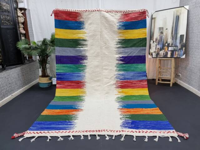 Colorful Zanafi Rug, Handmade Wool Rug, Custom Made Moroccan Flat Berber Carpet, Blue & Yellow Striped Authentic Kilim Area Rug - image 1