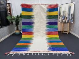 Colorful Zanafi Rug, Handmade Wool Rug, Custom Made Moroccan Flat Berber Carpet, Blue & Yellow Striped Authentic Kilim Area Rug - thumbnail 1