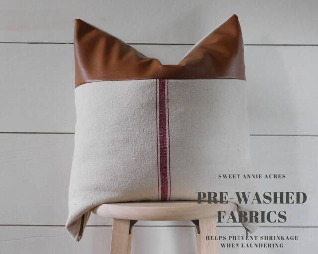 Clearance - Grain Sack Pillow Cover With Faux Leather Accent Feed Farmhouse Burgundy 3 Stripe Beige Fabric
