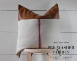 Clearance - Grain Sack Pillow Cover With Faux Leather Accent Feed Farmhouse Burgundy 3 Stripe Beige Fabric