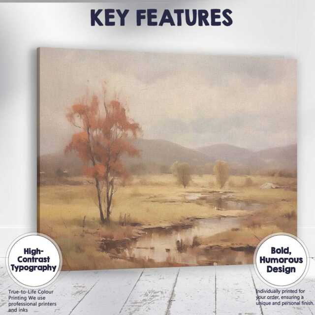 Golden Autumn Wetland With Rustic Tree & Mountain View Canvas Wall Art Print Decor Picture Ready To Hang - image 1
