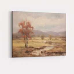 Golden Autumn Wetland With Rustic Tree & Mountain View Canvas Wall Art Print Decor Picture Ready To Hang - thumbnail 4