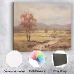 Golden Autumn Wetland With Rustic Tree & Mountain View Canvas Wall Art Print Decor Picture Ready To Hang - thumbnail 2