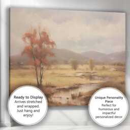 Golden Autumn Wetland With Rustic Tree & Mountain View Canvas Wall Art Print Decor Picture Ready To Hang - thumbnail 3