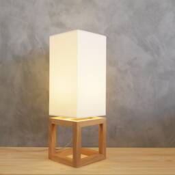 Modern Table Lamp With Oak Wood Base & Linen Lampshade, Handmade For Sideboard - thumbnail 1