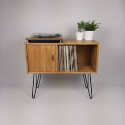 Oak Vinyl Record Sideboard - Mid-Century Media Console With Black Hairpin Legs - thumbnail 3