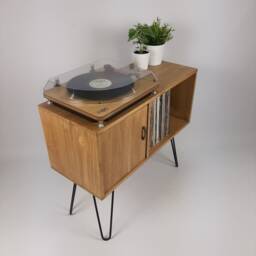 Oak Vinyl Record Sideboard - Mid-Century Media Console With Black Hairpin Legs - thumbnail 2