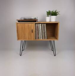 Oak Vinyl Record Sideboard - Mid-Century Media Console With Black Hairpin Legs - thumbnail 1