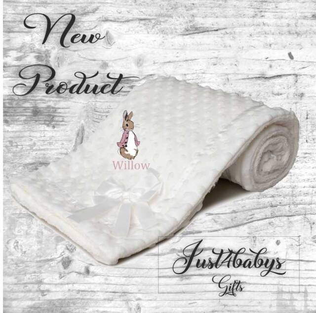 Personalised New in Peter Rabbit St1 Embroidered Baby Dimple Bow Ribbon Trim Blanket 3 Colours Super Soft - image 1