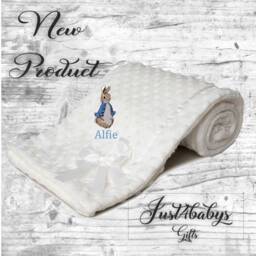 Personalised New in Peter Rabbit St1 Embroidered Baby Dimple Bow Ribbon Trim Blanket 3 Colours Super Soft - thumbnail 3
