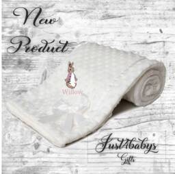 Personalised New in Peter Rabbit St1 Embroidered Baby Dimple Bow Ribbon Trim Blanket 3 Colours Super Soft - thumbnail 1