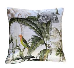 Bird Cushion Cover Parrots & Pagoda Palm Trees Tropical Plants Vintage Oriental Style - thumbnail 1