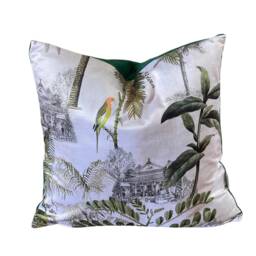 Bird Cushion Cover Parrots & Pagoda Palm Trees Tropical Plants Vintage Oriental Style - thumbnail 3