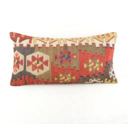"Kilim Pillow, Wool Kilim Cousin From Anatolia , 12""x24" - thumbnail 1