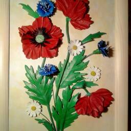 Red Poppy Wall Art Poppy Home Decor Flowers Painting Flower Leather 3rd Anniversary Gift Wildflowers Blue Cornflowers Chamomile - thumbnail 2
