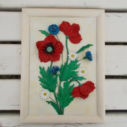 Red Poppy Wall Art Poppy Home Decor Flowers Painting Flower Leather 3rd Anniversary Gift Wildflowers Blue Cornflowers Chamomile - thumbnail 1