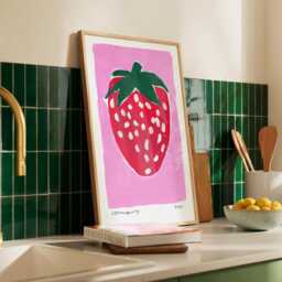 strawberry Painting Art Print/Hand Painted Abstract Fruit Pink Colourful - thumbnail 2