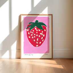 strawberry Painting Art Print/Hand Painted Abstract Fruit Pink Colourful - thumbnail 1