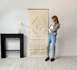 Natural Wool Wall Hanging - Woven Tapestry Textile Art Macrame Decor Large Boho Interior Accent Fiber