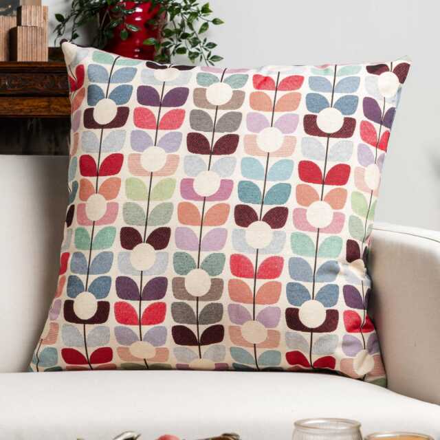 Retro Flower Stem Tapestry Extra-Large Cushion. Red, Pink, Blue & Orange Block-Print Tulip Floral Vintage Design. 23X23 - image 1