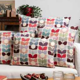 Retro Flower Stem Tapestry Extra-Large Cushion. Red, Pink, Blue & Orange Block-Print Tulip Floral Vintage Design. 23X23 - thumbnail 2