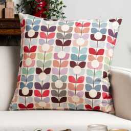 Retro Flower Stem Tapestry Extra-Large Cushion. Red, Pink, Blue & Orange Block-Print Tulip Floral Vintage Design. 23X23 - thumbnail 1