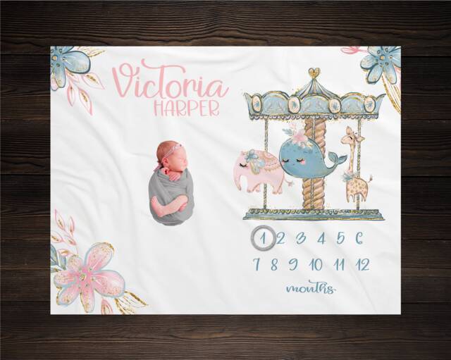 Floral Elephant Milestone Blanket Girl Personalized Monthly Growth Tracker Custom Baby Shower Gift For New Mom Newborn Nursery - image 1