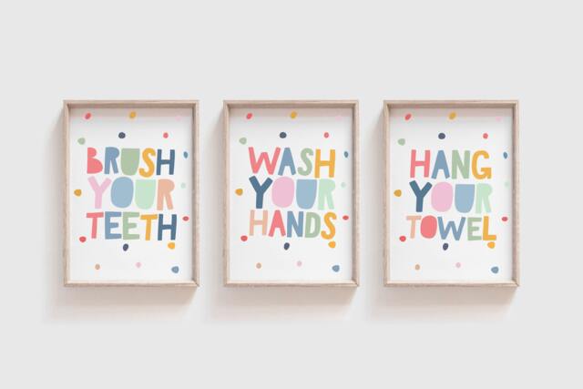 Set Of 3 Kids Bathroom Prints, Wash Your Hands Print, Playroom Decor, Girls Nursery Wall Art - image 1