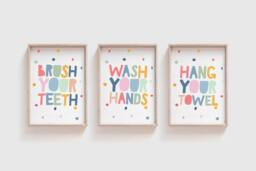Set Of 3 Kids Bathroom Prints, Wash Your Hands Print, Playroom Decor, Girls Nursery Wall Art - thumbnail 1