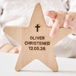 Personalised Wooden Star Keepsake - Engraved Christening Decoration, Beech Wood Name Date - thumbnail 2