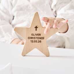 Personalised Wooden Star Keepsake - Engraved Christening Decoration, Beech Wood Name Date - thumbnail 1