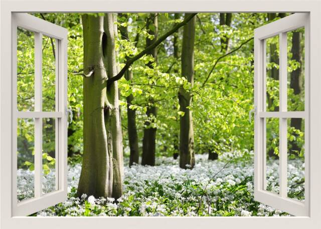 Trees & Blooming Flowers Wall Decal, Forest Sticker, 3D Window View Nature Mural For Living Room Home Decor