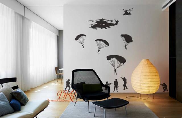 Nursery Wall Decal Sticker-Helicopter & Army Men, Bucket Of Soldiers Paratroopers Wall Decal For Kids Room Decor-Dk410 - image 1
