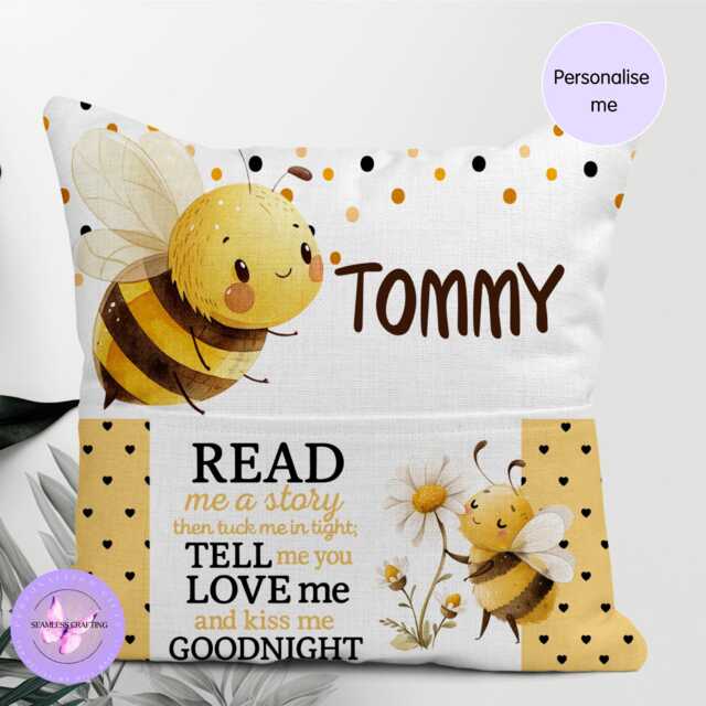 Personalised Bee Reading Cushion With Pocket - Kids Bedtime Pillow Custom Name Nursery D??cor For Children Gift - image 1