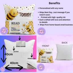Personalised Bee Reading Cushion With Pocket - Kids Bedtime Pillow Custom Name Nursery D??cor For Children Gift - thumbnail 4
